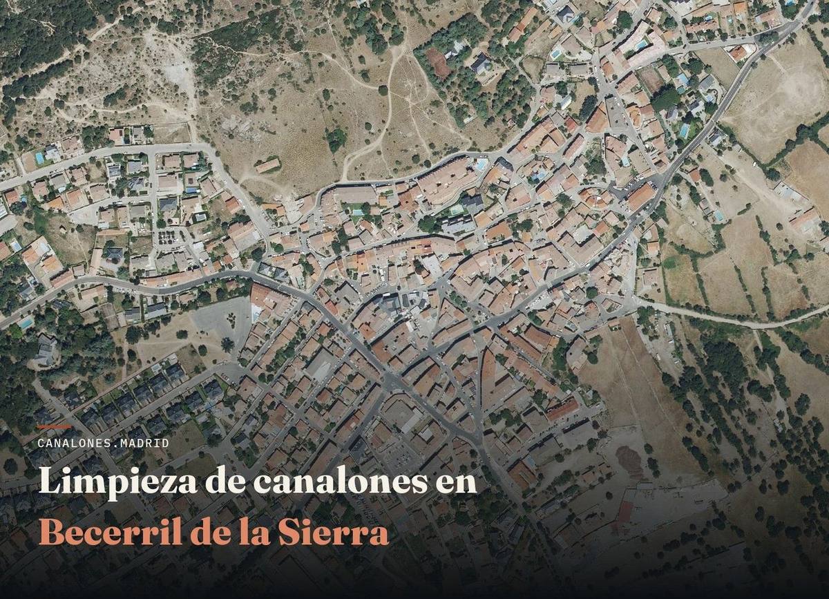 Servicio de limpieza de canalones en Becerril de la Sierra, Comunidad de Madrid — canalones.madrid, en una zona de pinar donde las hojas y acículas obstruyen fácilmente los canalones.