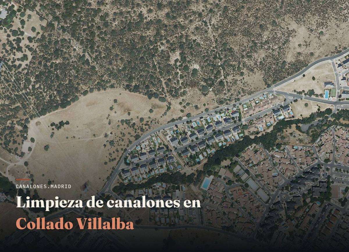 Vista aérea de Collado Villalba, zona de servicio de canalones.madrid para la limpieza y el mantenimiento de canalones, en una localidad con numerosas urbanizaciones y comunidades de vecinos.