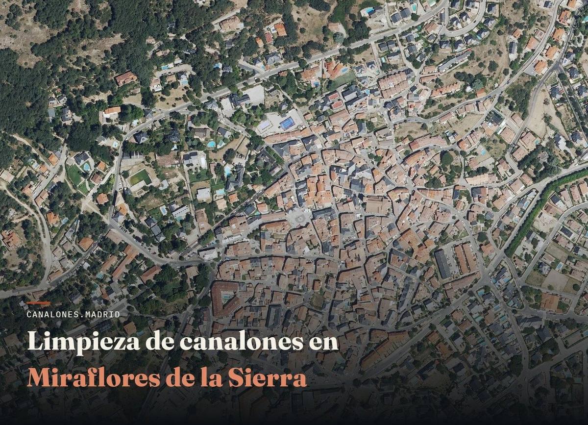 Vista aérea de Miraflores de la Sierra, zona de servicio de canalones.madrid para la limpieza y el mantenimiento de canalones, en la zona de sierra alta de la Comunidad de Madrid.