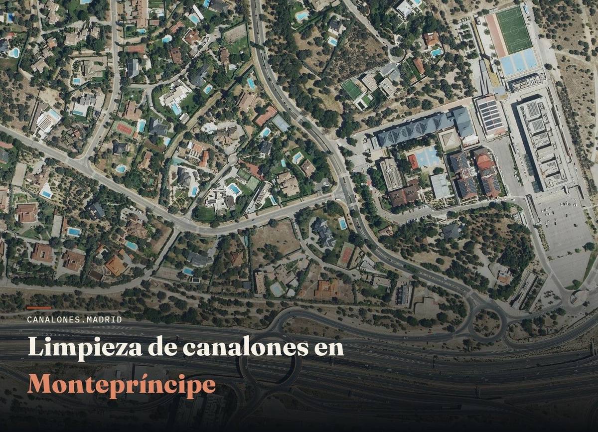 Vista aérea de Montepríncipe, zona de servicio de canalones.madrid para la limpieza y el mantenimiento de canalones, en el oeste de la Comunidad de Madrid.